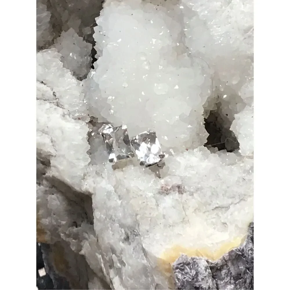 White Quartz Stud Earrings, Sterling Silver, NEW, Handmade, 5 x 7